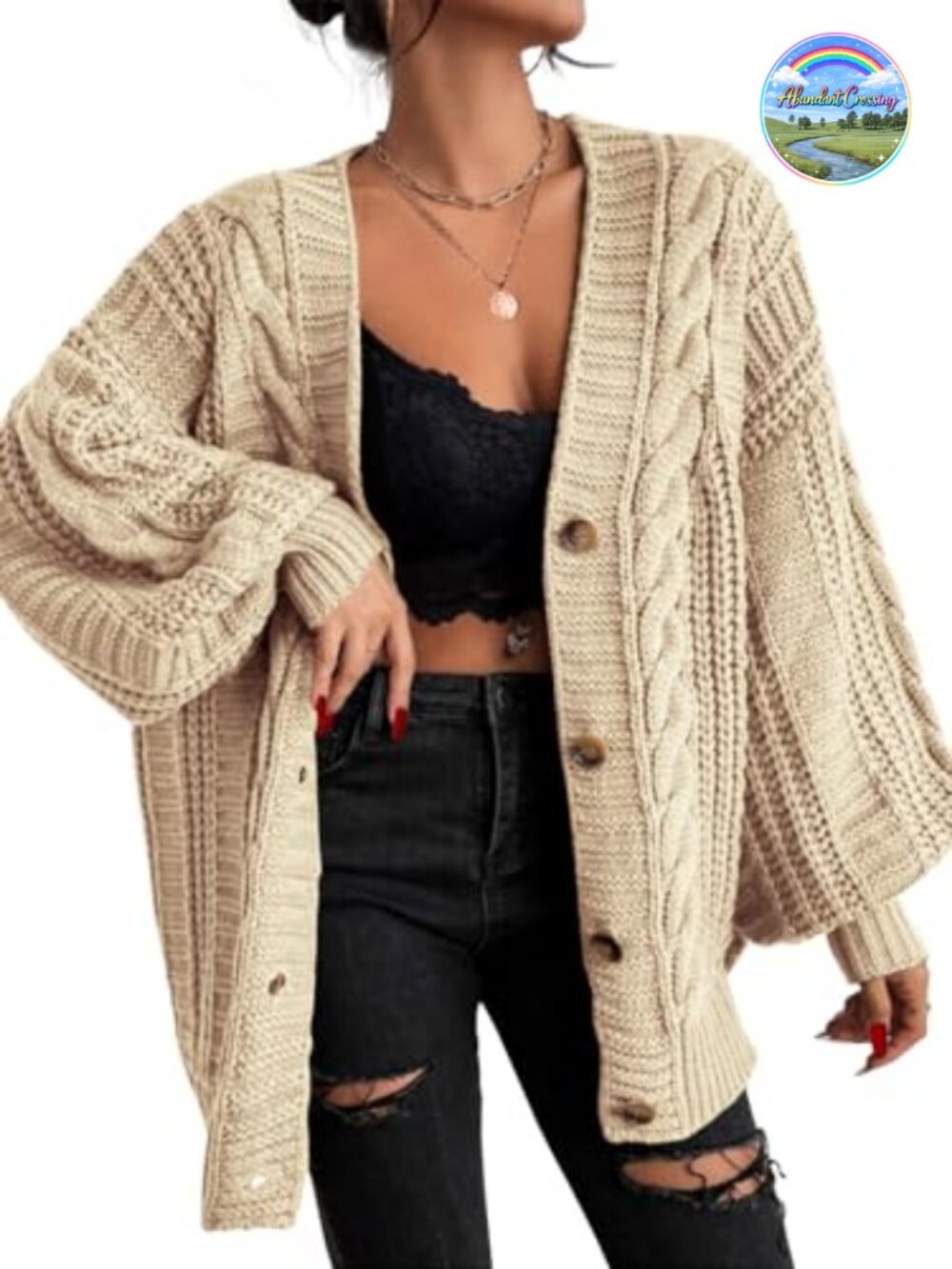 Oversized Cable Knit Cardigan Button Down V Neck Lantern Sleeve Sweater